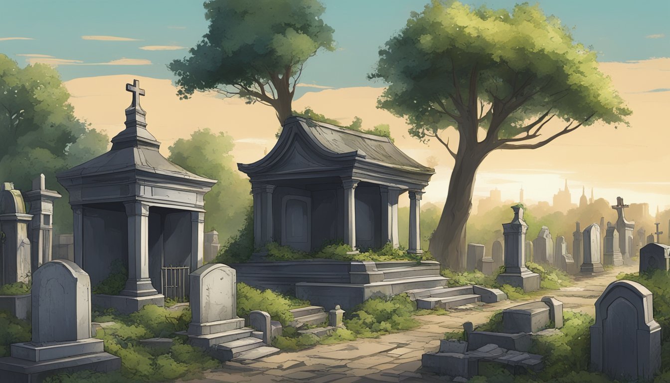 A desolate graveyard with overgrown, neglected graves and a dilapidated trade stall