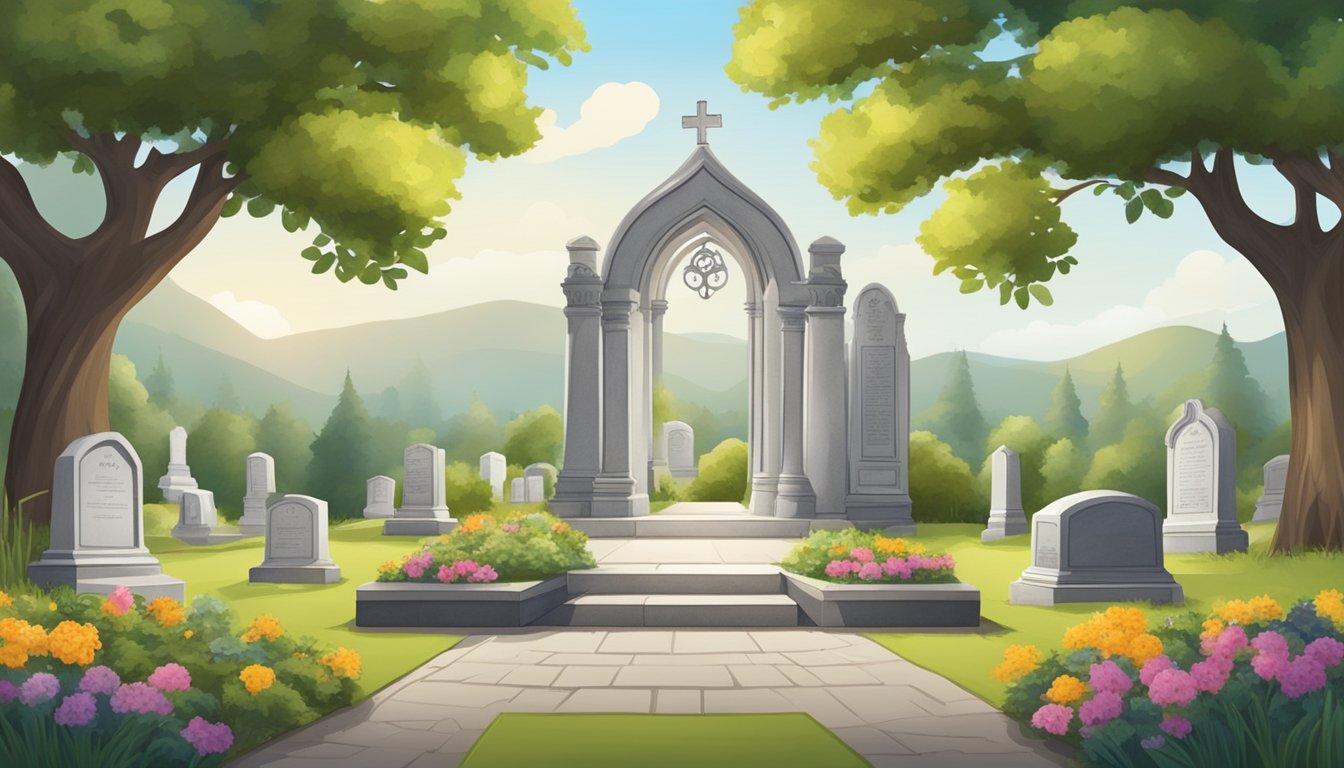 A serene cemetery plot overlooking a peaceful landscape with a certificate displayed in a wooden frame