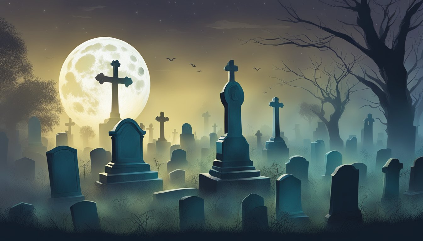 A moonlit graveyard with overgrown tombstones and eerie mist