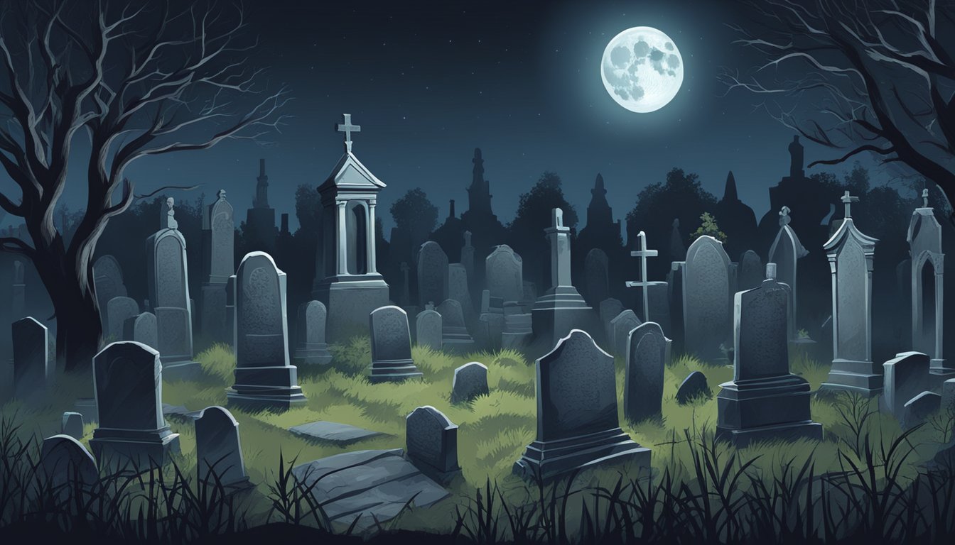 A dark graveyard at night, with a full moon casting eerie shadows on weathered tombstones and overgrown vegetation