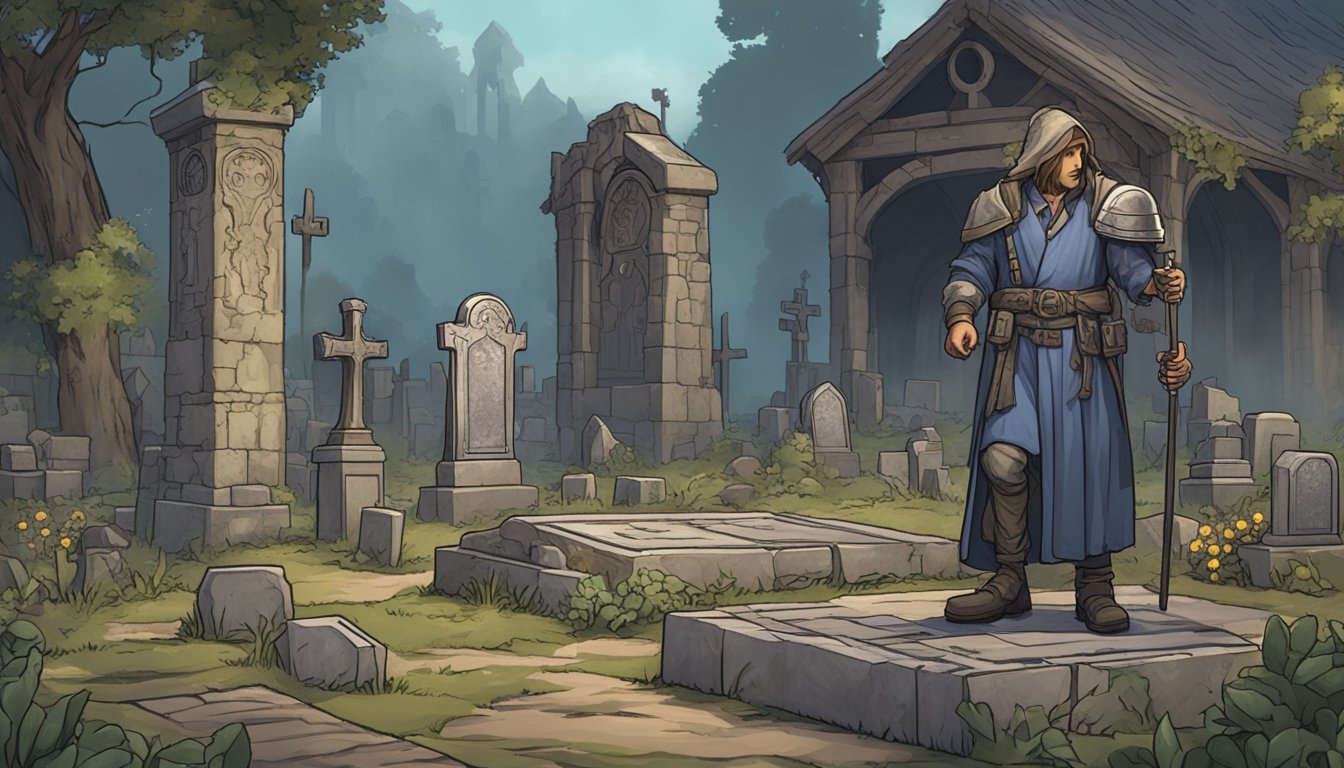 A graveyard keeper stands beside a dilapidated grave, surrounded by eerie DLC and expansion symbols