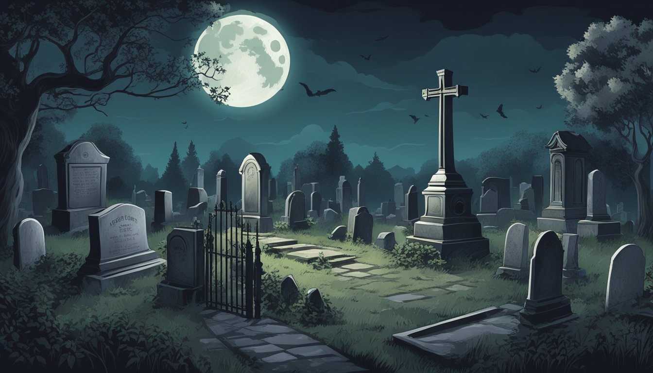 A dark, eerie graveyard at night with a full moon, old tombstones, and overgrown foliage