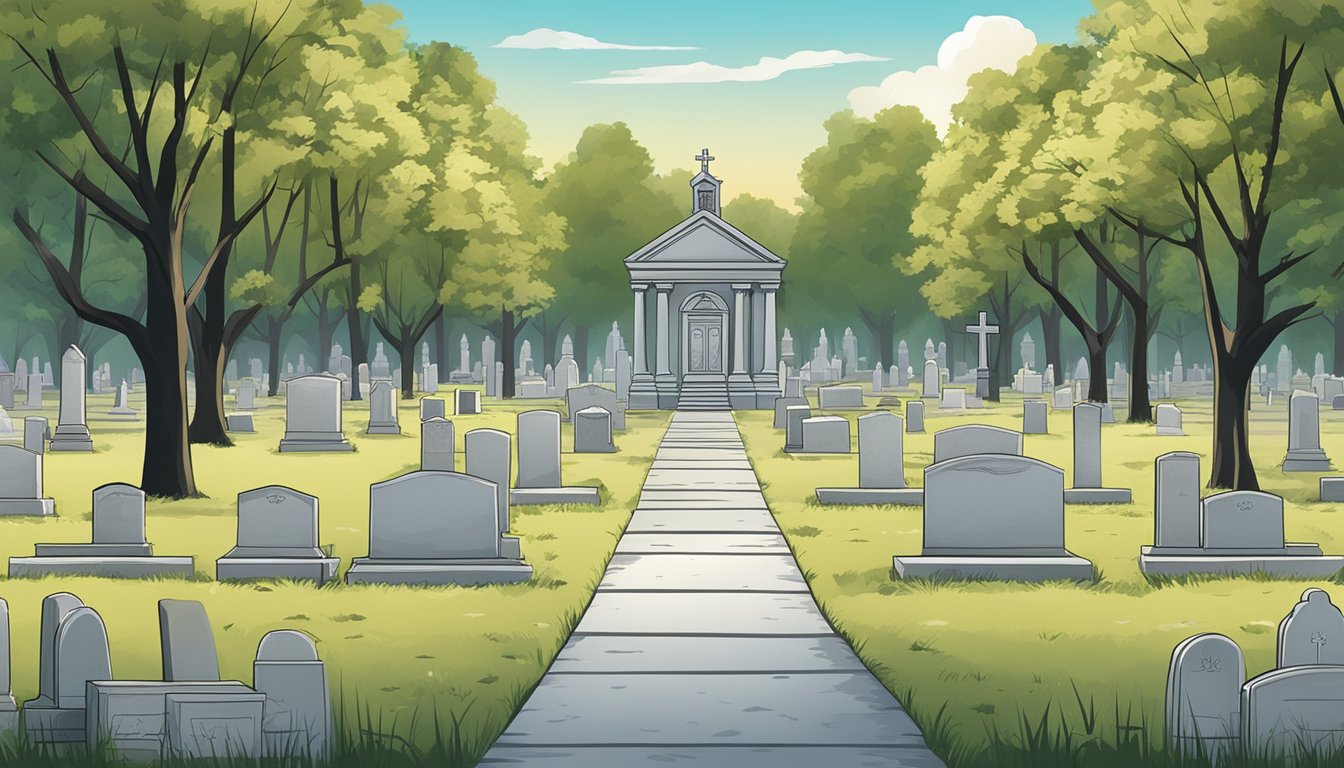 A cemetery with rows of headstones and grave markers, set against a backdrop of trees and a clear sky