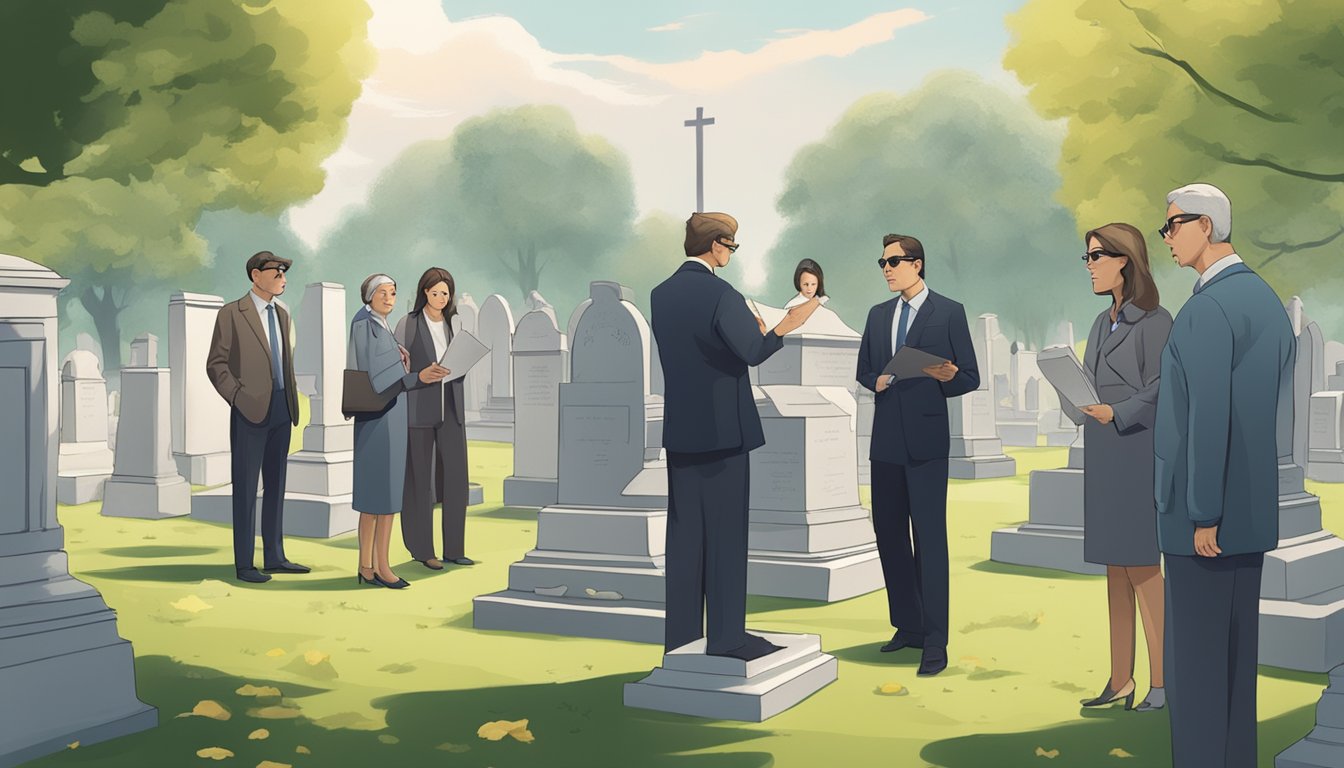 A group of people discussing financial documents and contracts in a cemetery, with a sense of unease and suspicion in the air