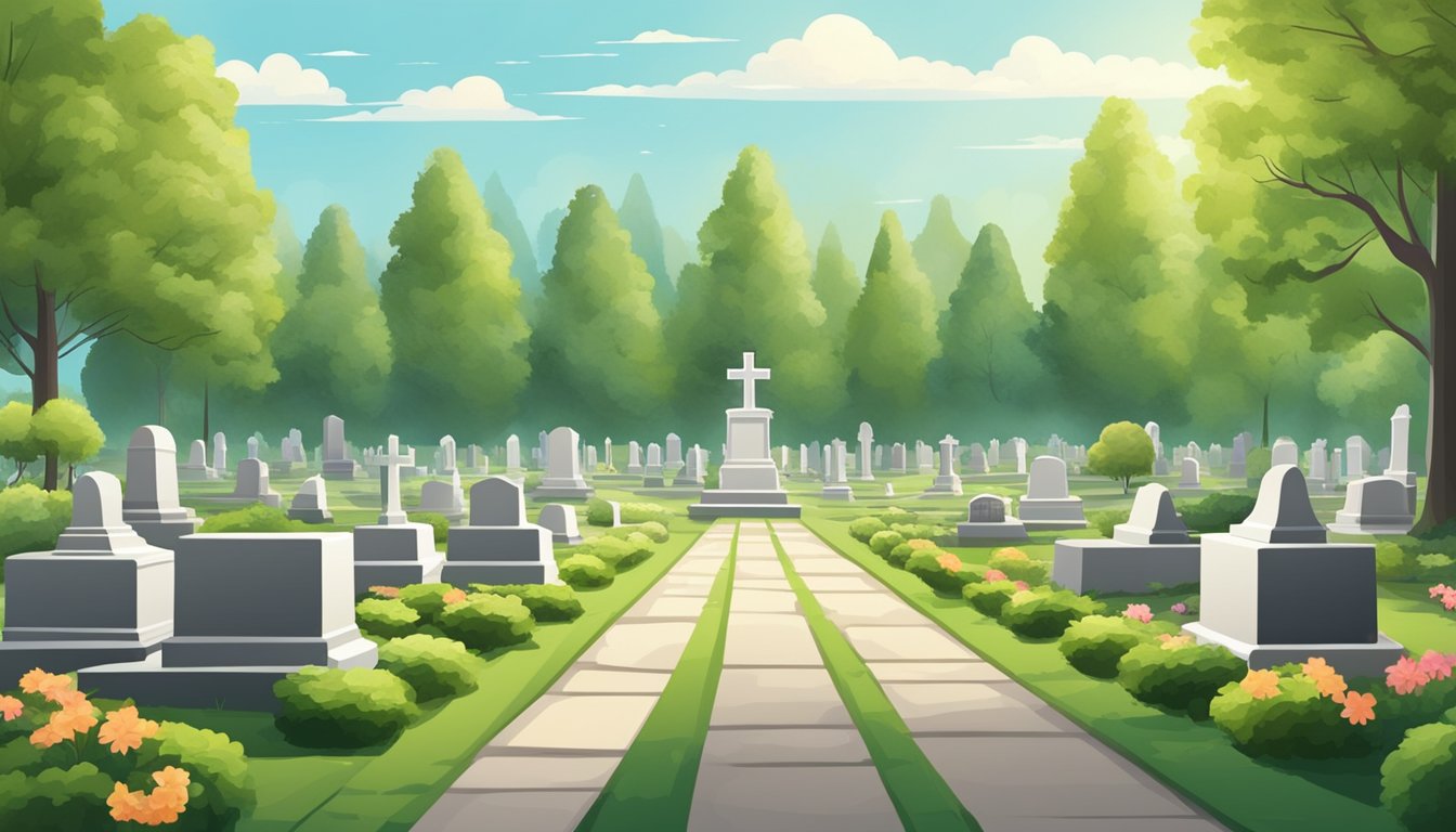 A serene cemetery with rows of neatly manicured grave plots, each marked with a simple headstone, surrounded by lush greenery and peaceful surroundings