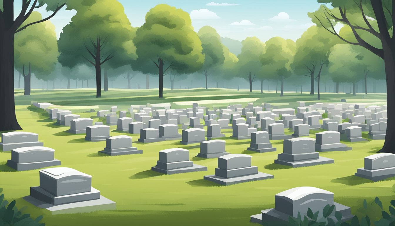 A serene cemetery with rows of burial plots, surrounded by peaceful greenery and marked by simple headstones