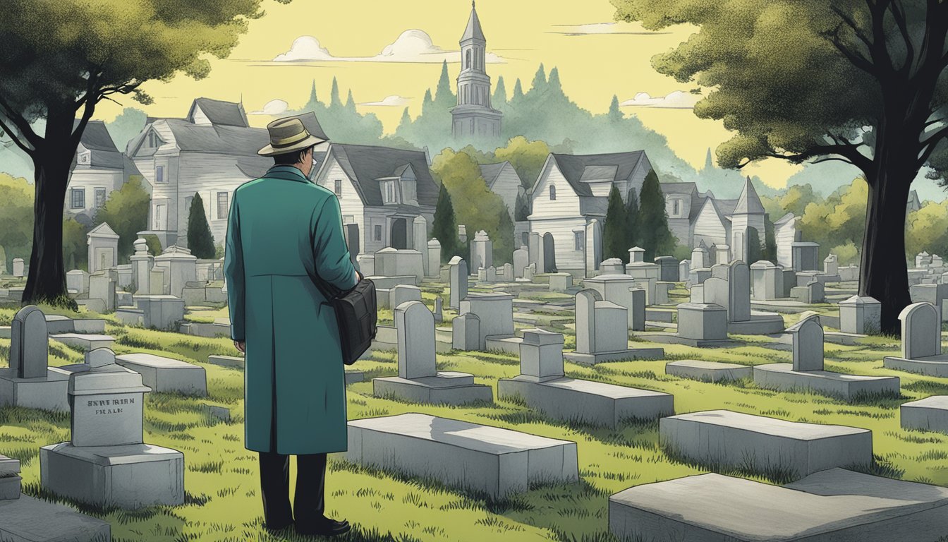 A shady figure selling fake cemetery plots to unsuspecting buyers