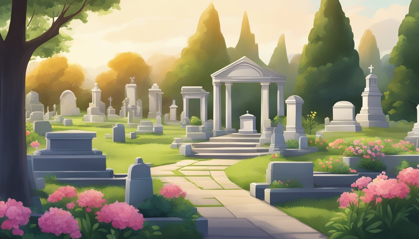 A serene cemetery with well-maintained plots, surrounded by lush greenery and peaceful atmosphere