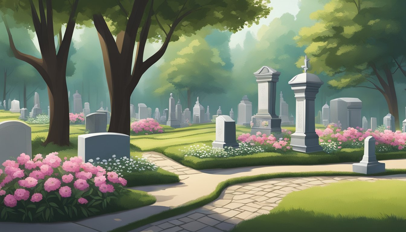 A peaceful cemetery plot with carefully manicured grass, winding pathways, and elegant floral arrangements. Tall trees provide shade, while headstones and monuments stand as solemn reminders of the departed