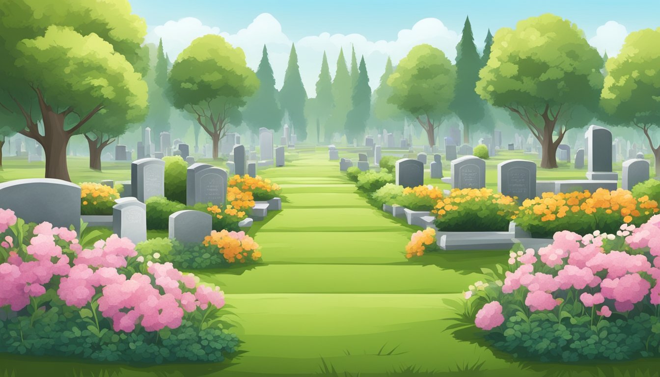 A serene cemetery plot with neatly trimmed grass, flowering shrubs, and carefully placed headstones