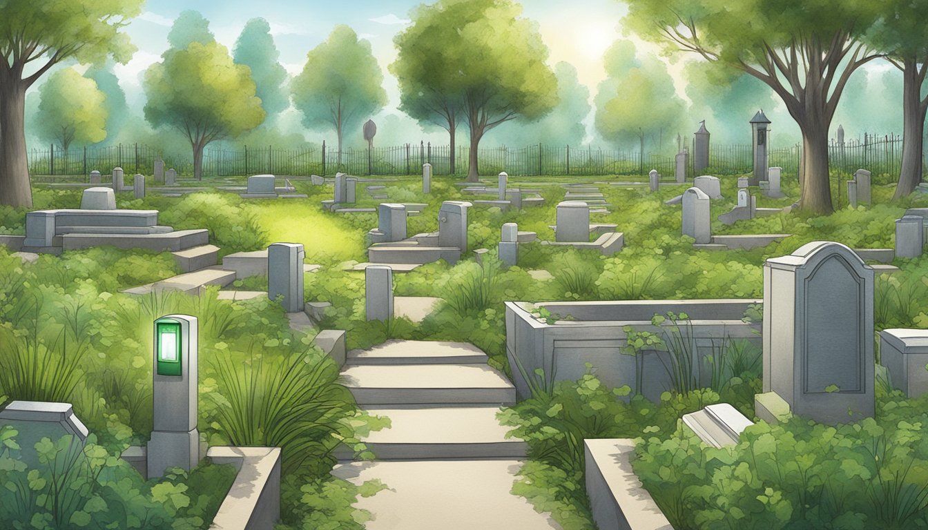 A lush green cemetery plot with solar-powered lights and biodegradable markers