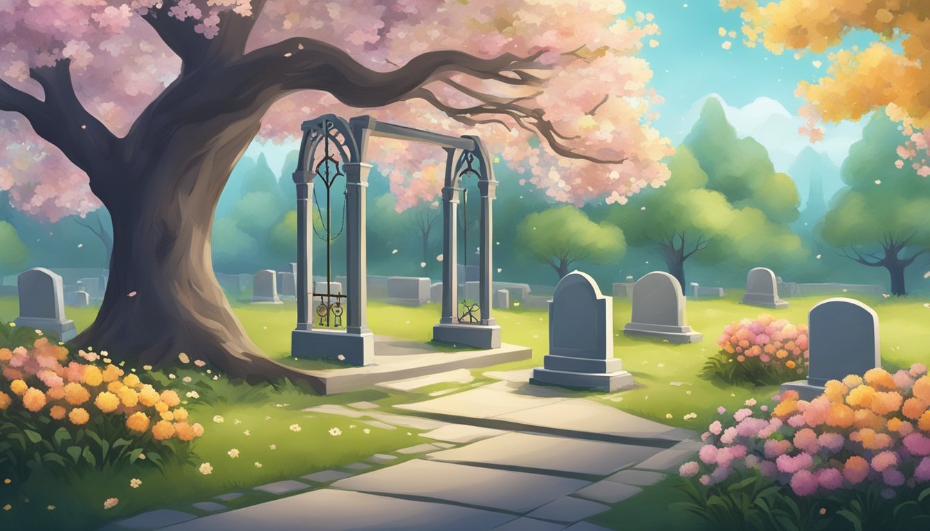 A serene graveyard with a solitary burial plot surrounded by blooming flowers and a tree with a swing