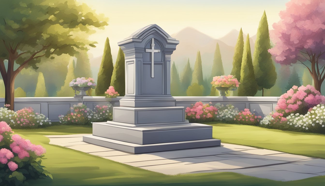 A serene cemetery plot with a small memorial garden featuring carefully arranged flowers, ornamental shrubs, and a tasteful monument for cremated remains