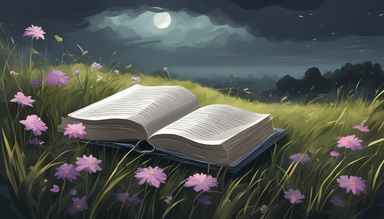 A solitary book lies on a burial plot, surrounded by overgrown grass and wilted flowers, under a dark, stormy sky