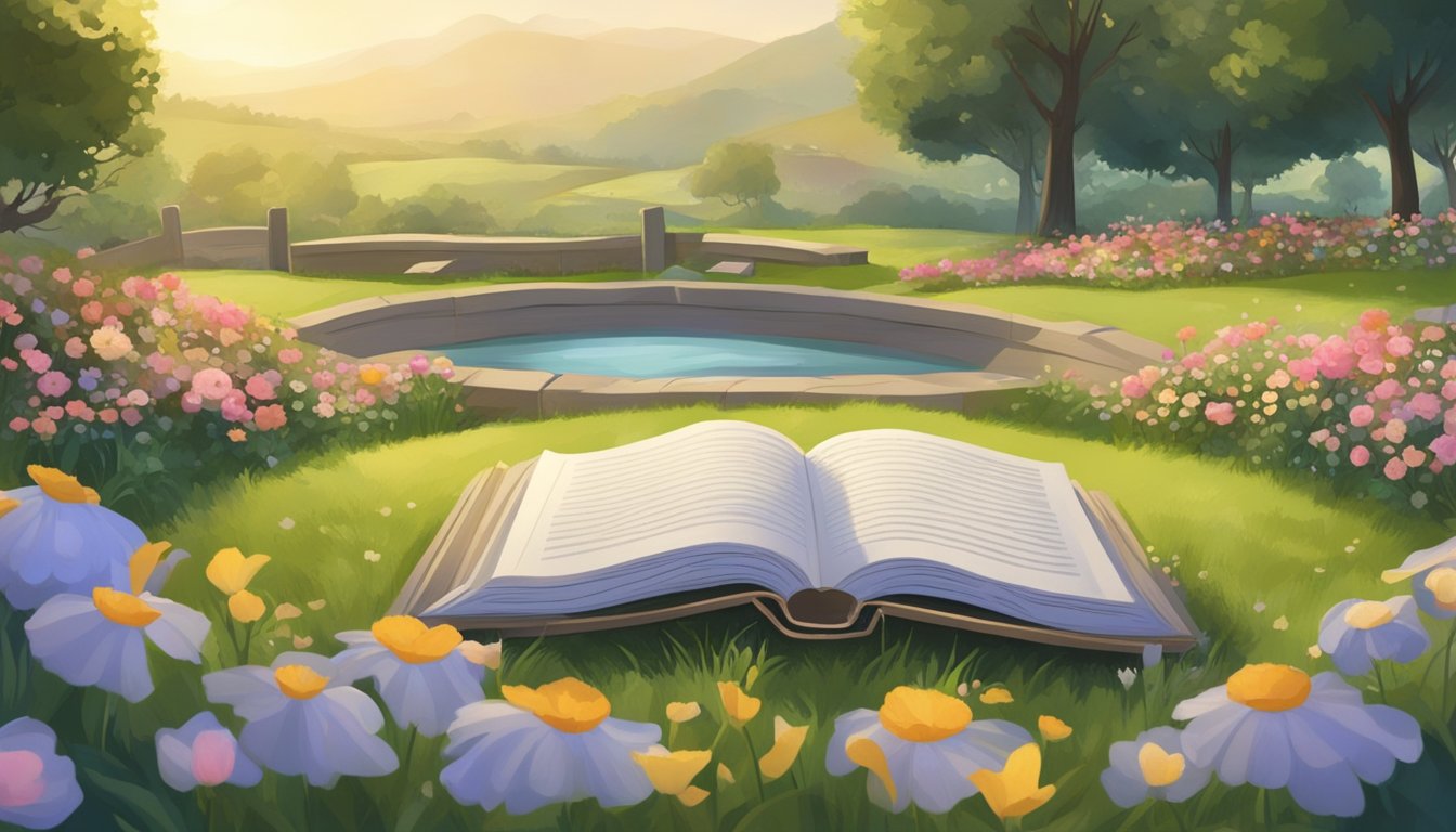 An open book lies on a grassy burial plot, surrounded by flowers and a serene landscape