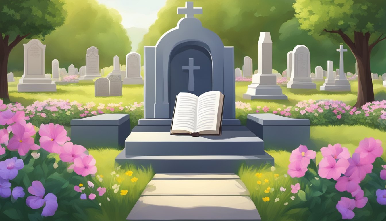 A peaceful cemetery with a solitary book resting on a burial plot, surrounded by flowers and a serene atmosphere