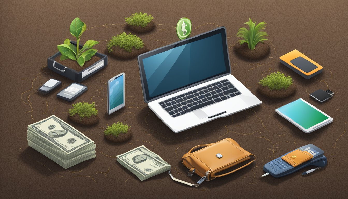 A digital device buried in a plot of soil, surrounded by strategic commercial items like a briefcase and a dollar sign