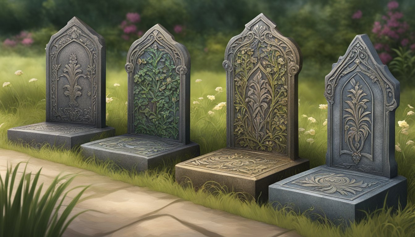 Four ornate metal corner markers adorn a grave plot, each featuring intricate designs and patterns. The markers are weathered and surrounded by overgrown grass and wilting flowers