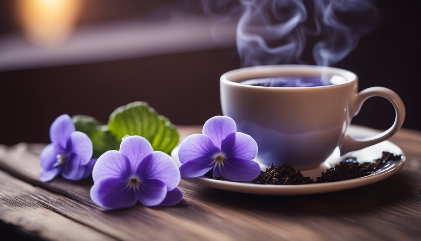 A steaming cup of blueish African violet tea on a wooden table