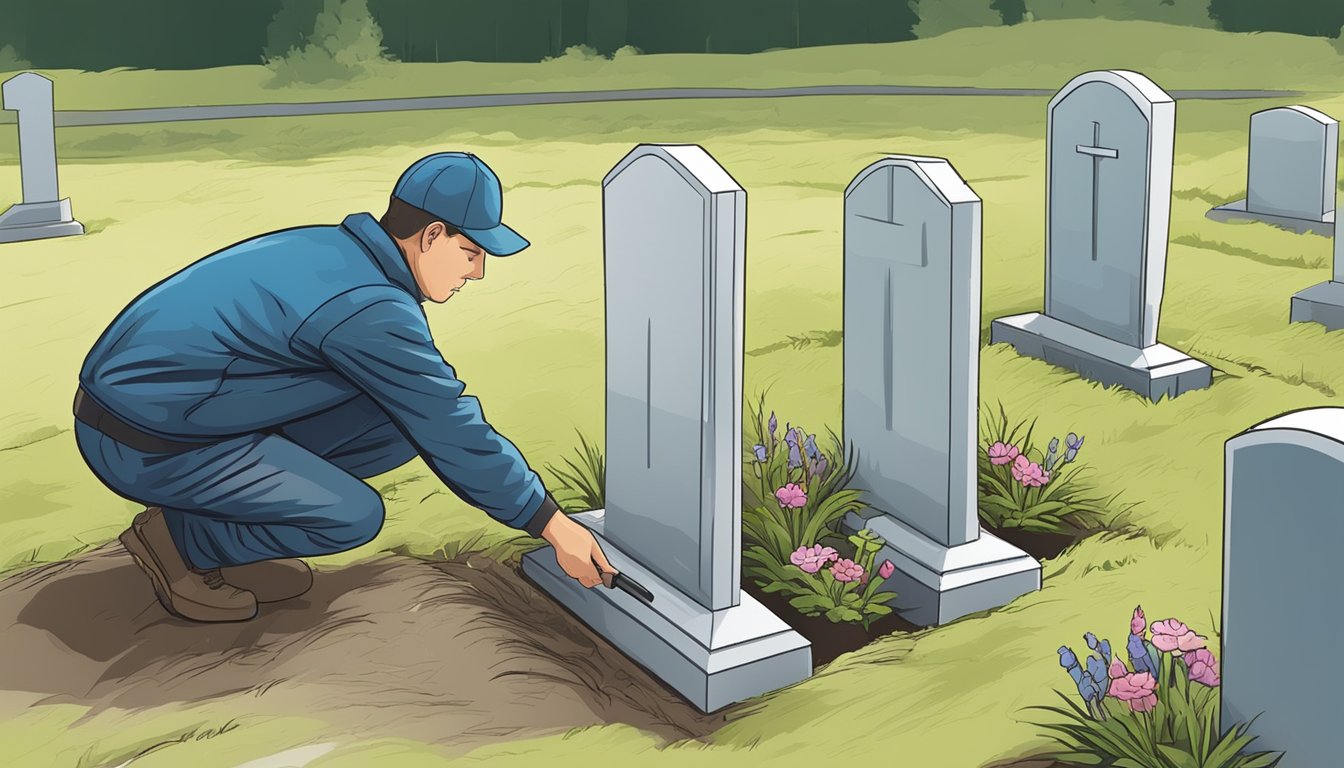 A technician installs metal corner markers at a grave plot