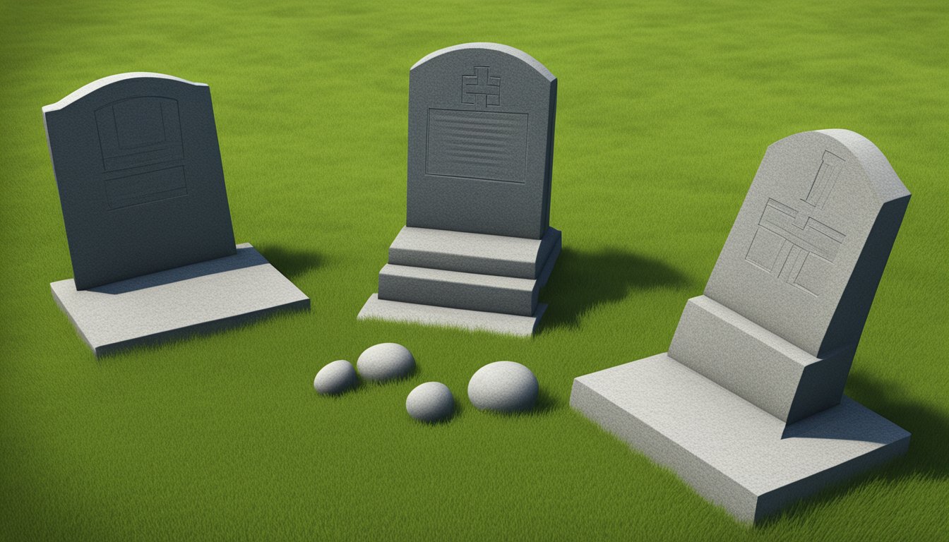 Four grave plots marked with corner stones, arranged in a neat row. The markers are simple and unadorned, standing out against the green grass