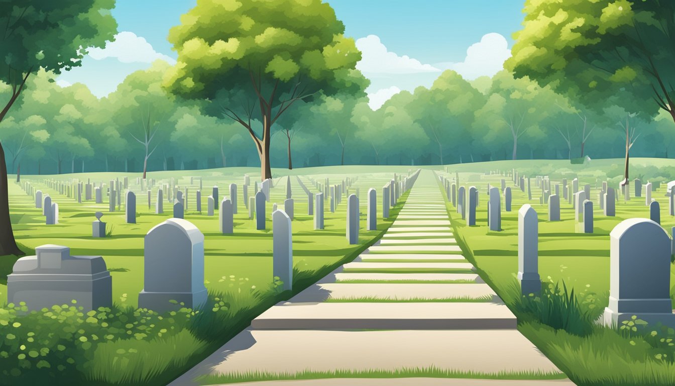 A cemetery plot with rows of grave markers, surrounded by a lush green landscape and a clear blue sky