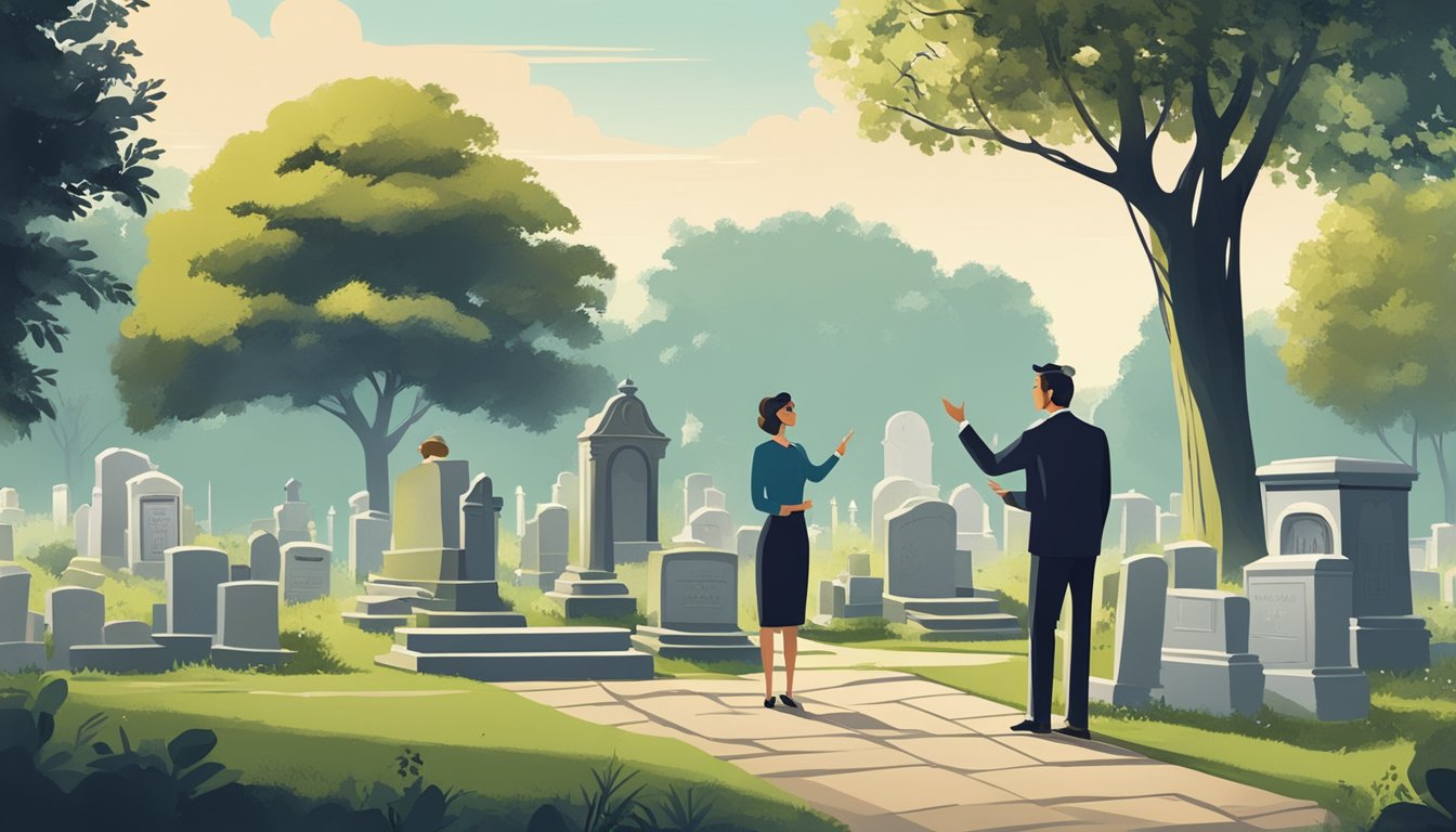 A couple stands in a serene cemetery, discussing plot options with a salesperson under a shady tree. The salesperson gestures towards various sections of the cemetery