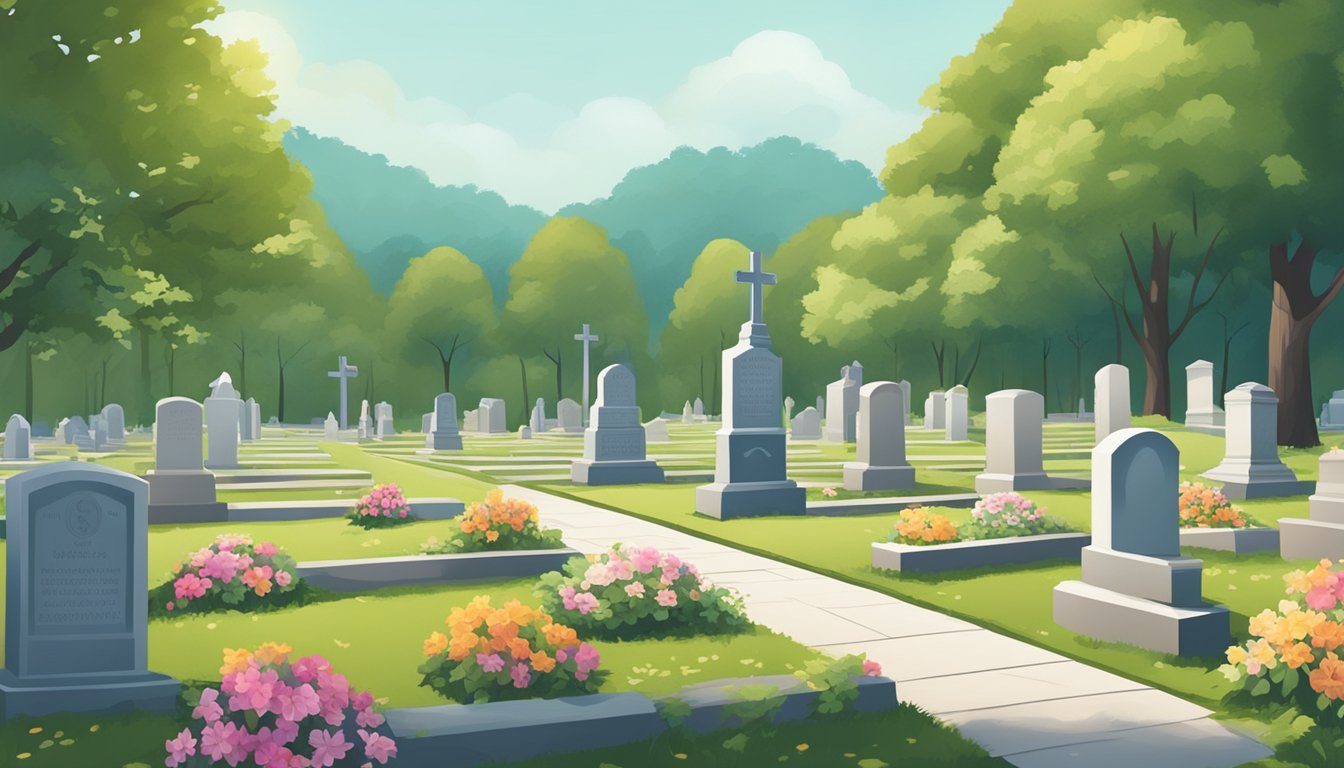 A serene cemetery with neatly arranged burial plots, some adorned with flowers and memorials, surrounded by lush greenery