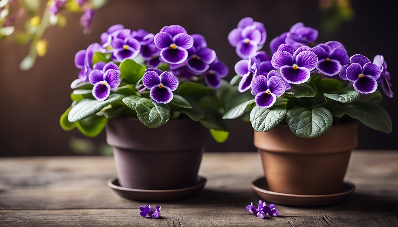 African violets in bloom, in decorative pots on rustic table, scattered petals