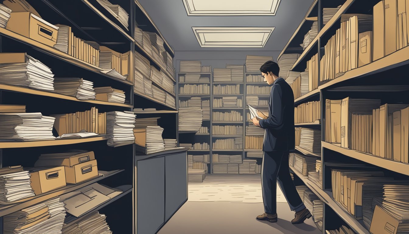 A person searches through old files in a dimly lit office, surrounded by shelves of dusty documents and folders