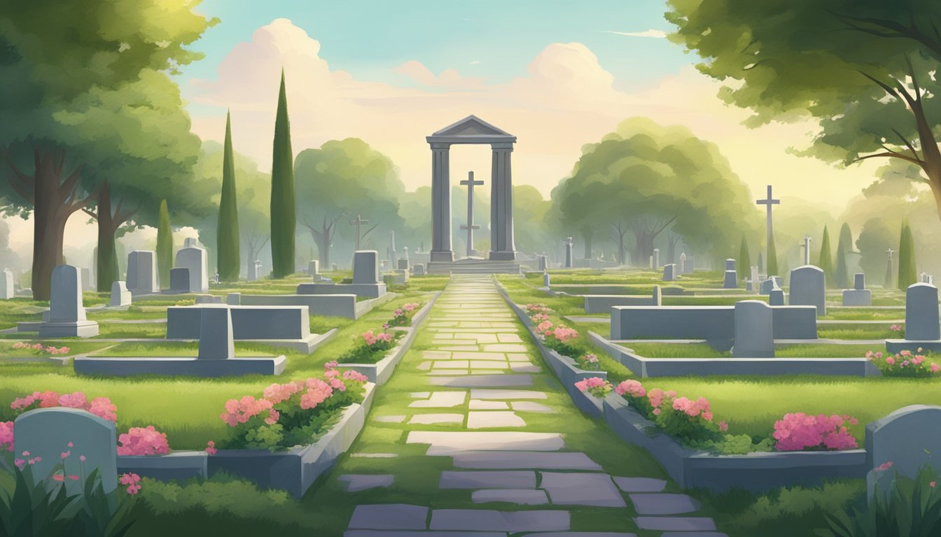 A serene cemetery with rows of plots and greenery, surrounded by a peaceful atmosphere