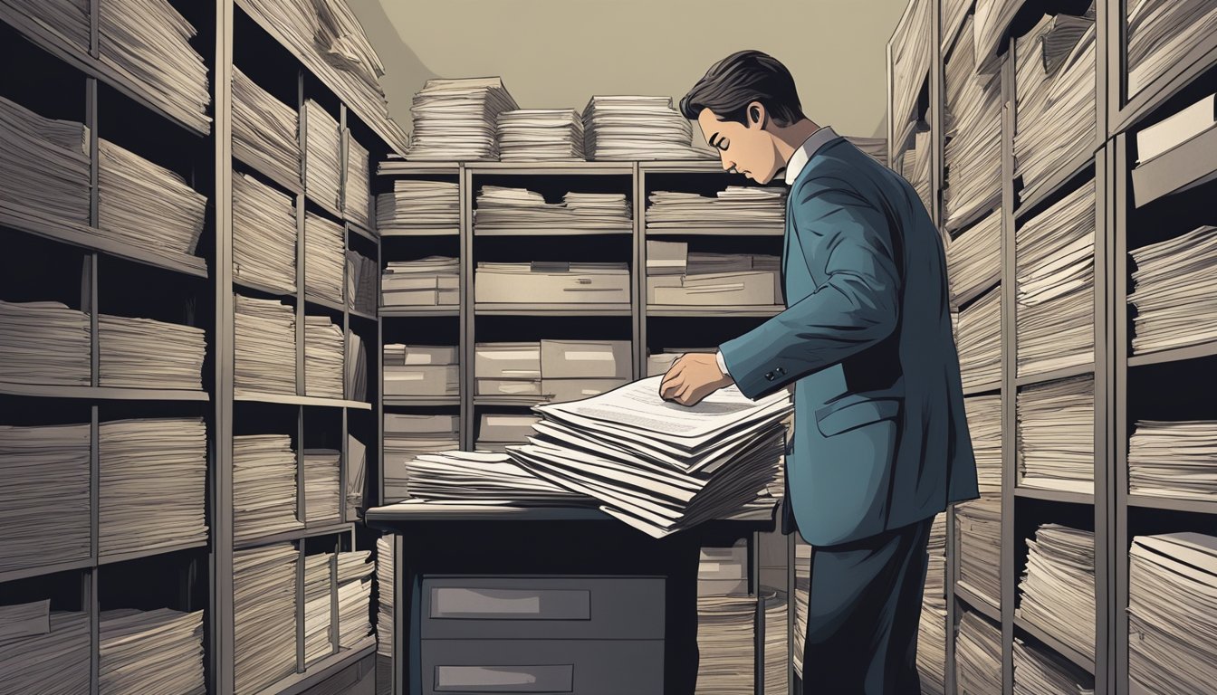 A figure searches through a stack of papers in a dimly lit office, surrounded by filing cabinets and old documents