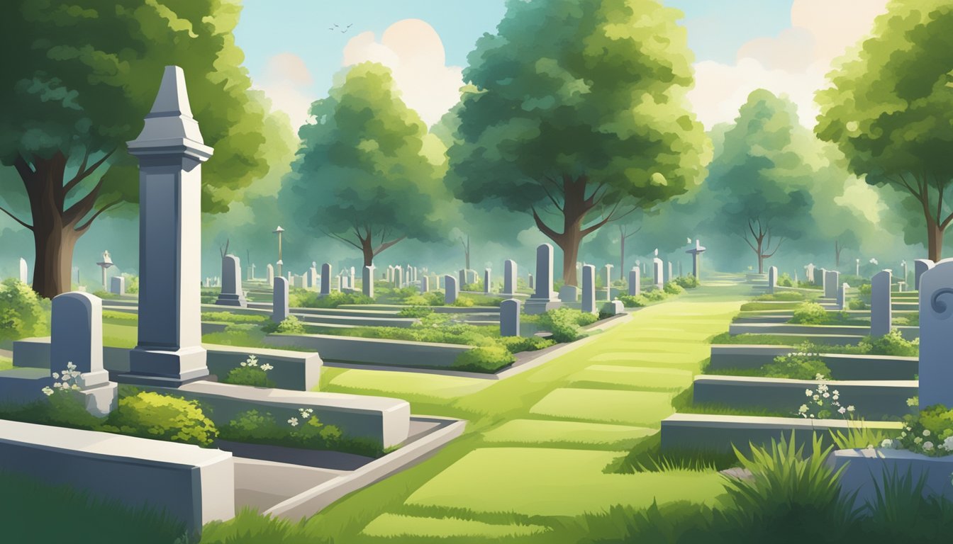 A serene cemetery with rows of burial plots, surrounded by lush greenery and peaceful atmosphere, signifying the financial considerations of leasing a final resting place