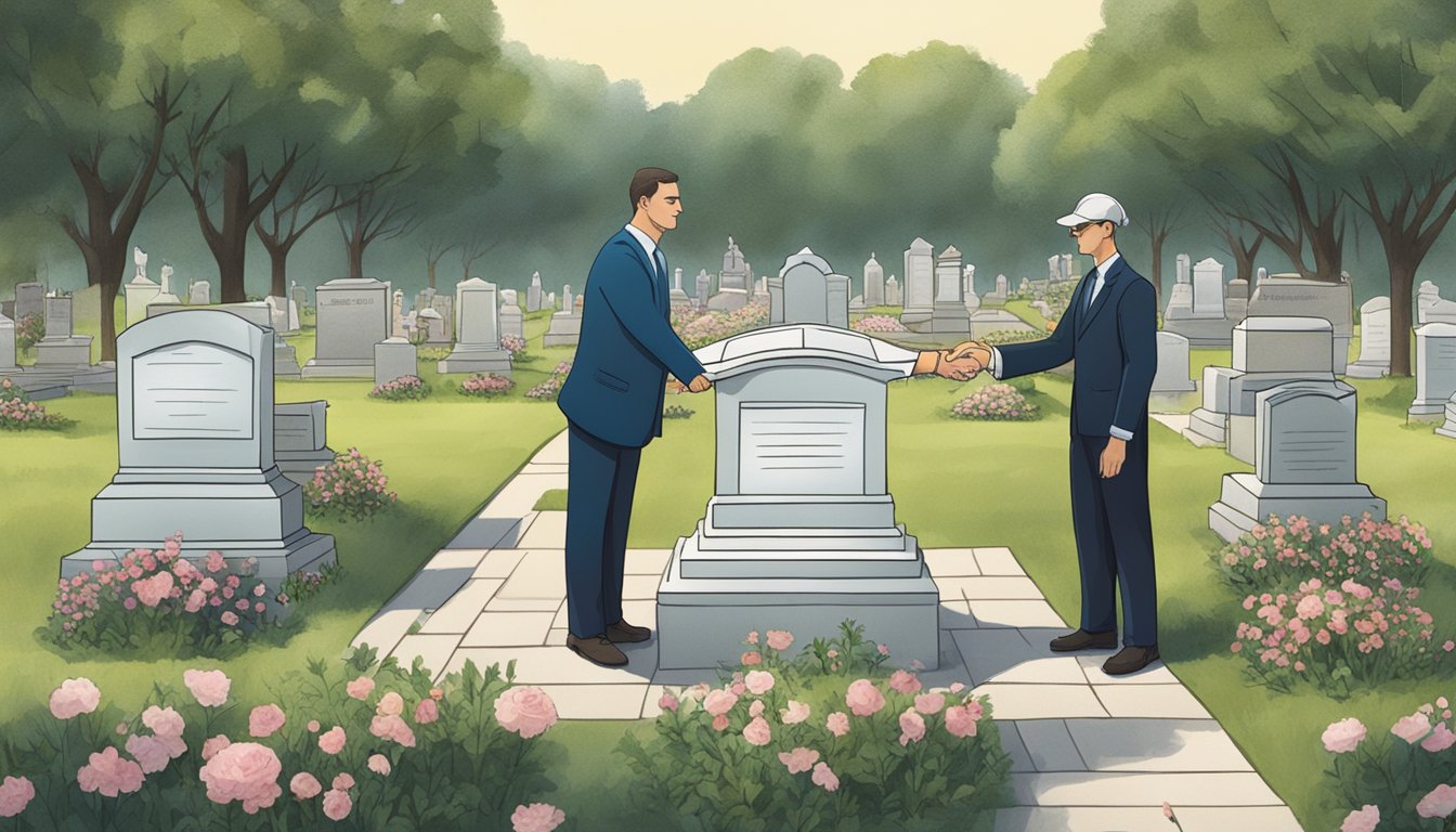 Two individuals exchanging paperwork and shaking hands at a cemetery plot