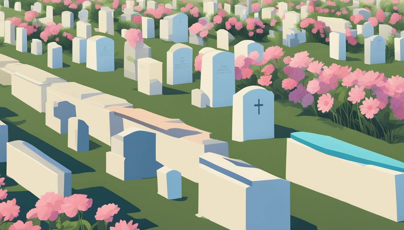 A serene cemetery with neatly arranged burial plots, some adorned with flowers and memorials, while others are empty and available for exchange