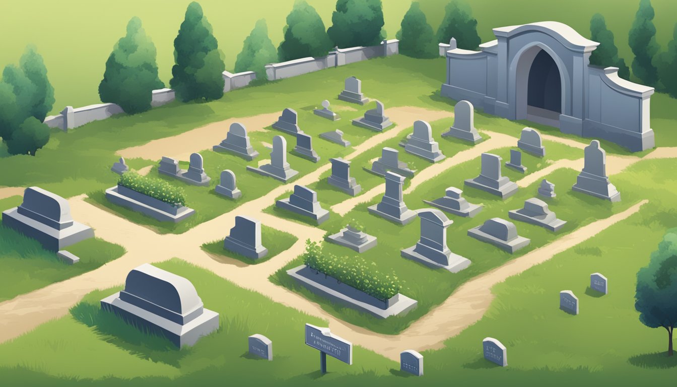 Graveyard with empty plots, sign indicating exchange service, staff assisting visitors