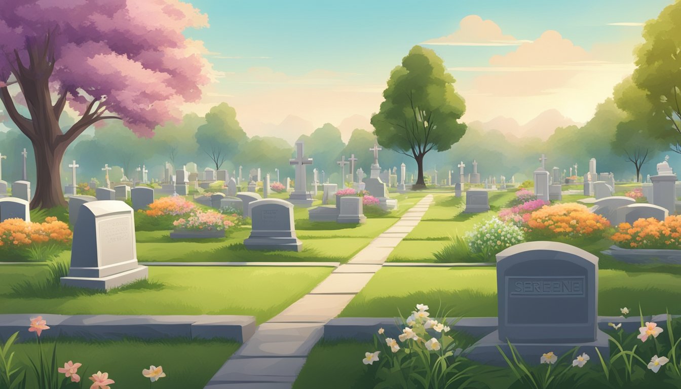 A serene cemetery plot with neatly trimmed grass, carefully tended flowers, and a peaceful atmosphere