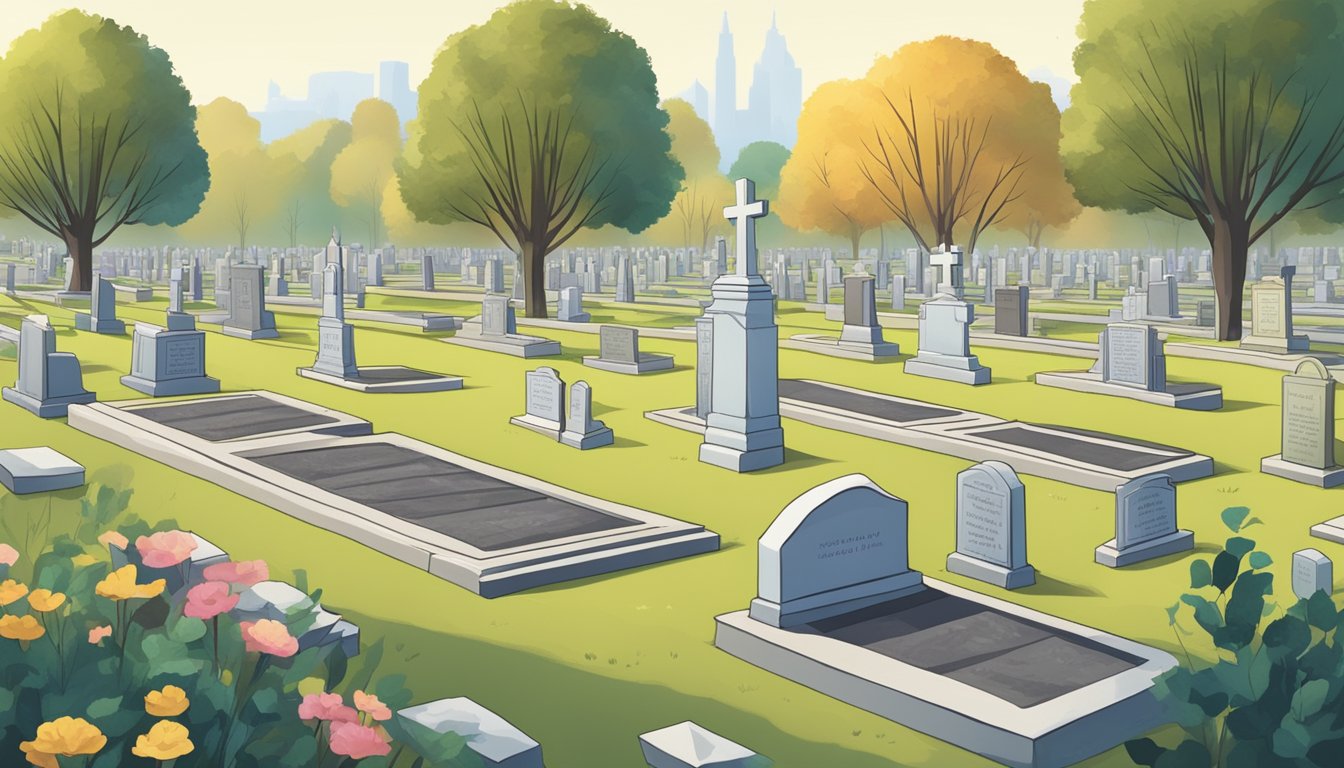 A serene cemetery with neatly arranged plots and a sign displaying legal and regulatory information for potential investors