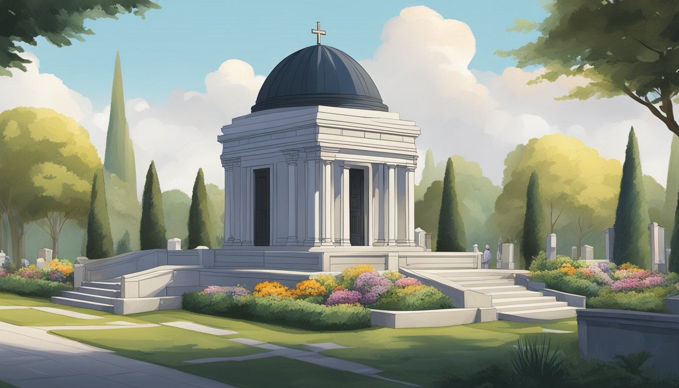 A mausoleum surrounded by carefully manicured landscaping, with a team of workers tending to the upkeep of the cemetery plot