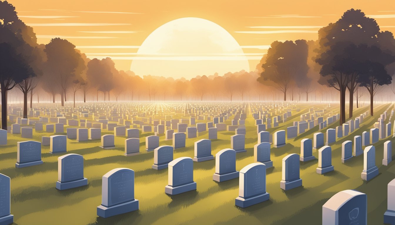 A serene cemetery with rows of grave plots, each marked with a number. The sun sets, casting a warm glow over the peaceful scene