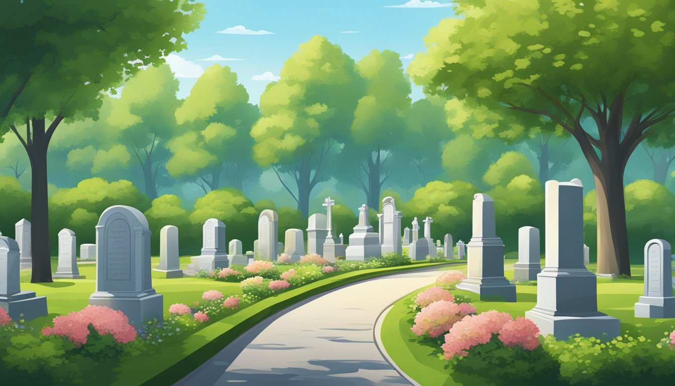 A serene cemetery with rows of polished headstones under a clear blue sky, surrounded by lush green trees and well-maintained landscaping