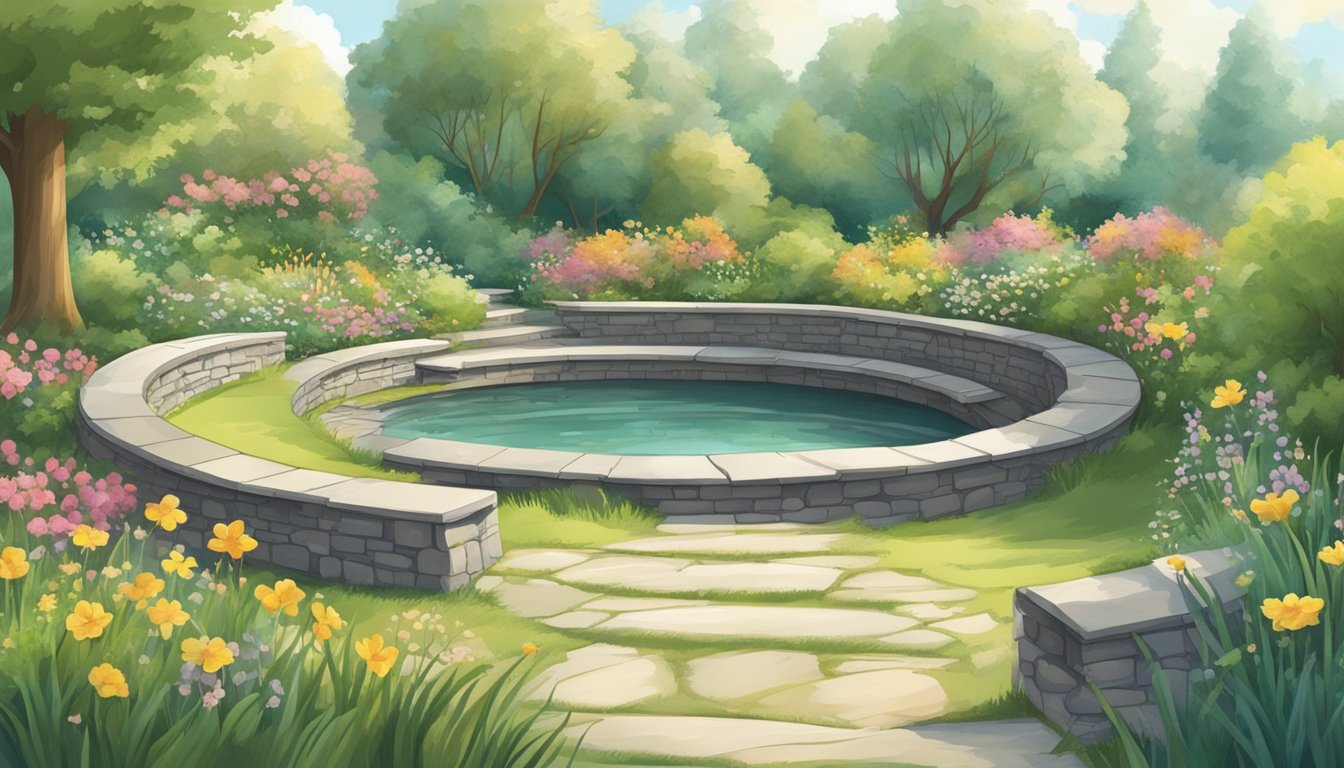 A serene garden with a hidden trapdoor leading to an underground chamber