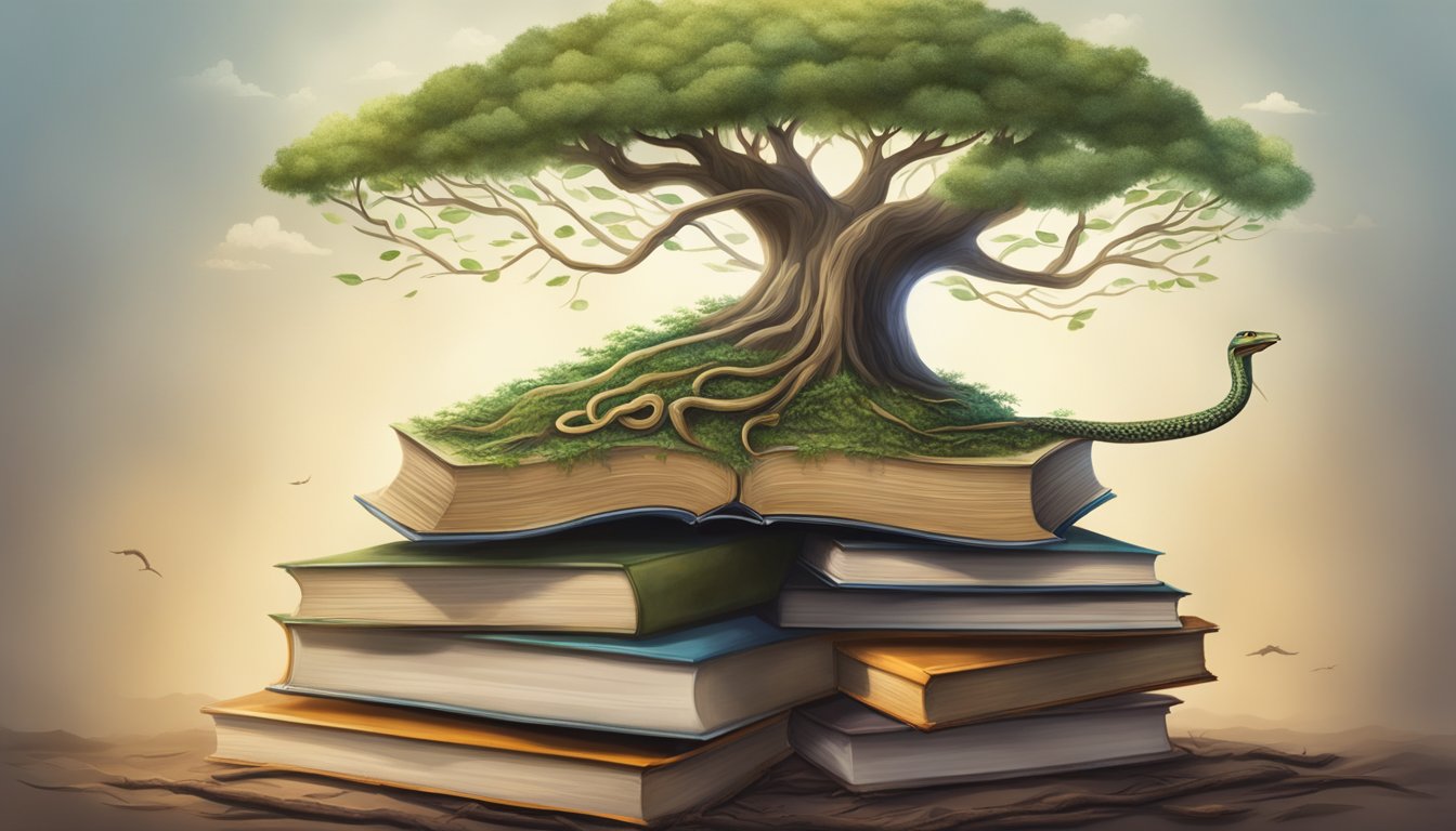 A lone tree growing from a pile of books, with roots reaching deep into the pages. A snake slithers around the trunk, its scales shimmering with hidden meanings