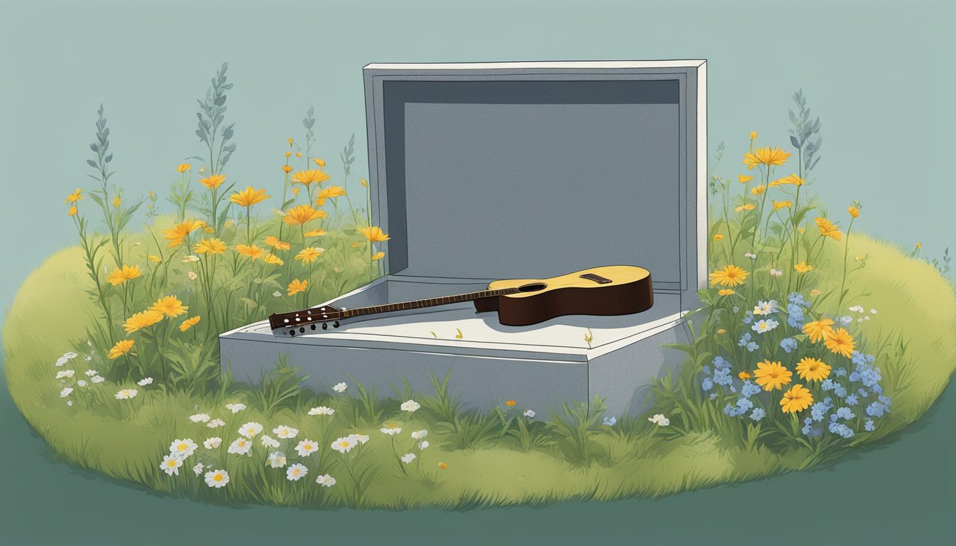 A solitary burial plot surrounded by overgrown grass and wildflowers, with a guitar leaning against the headstone