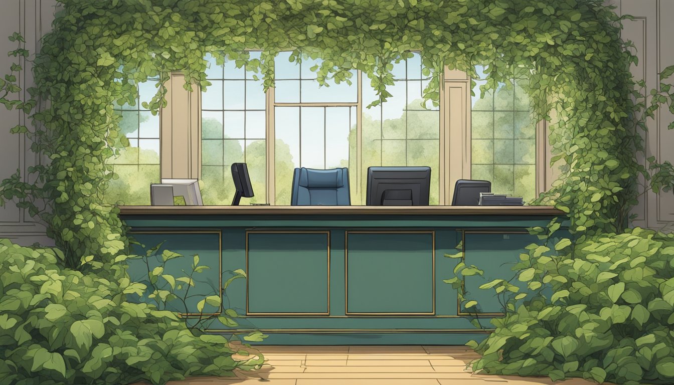 A reception desk buried under a pile of tangled vines and overgrown foliage, hinting at a hidden plot twist