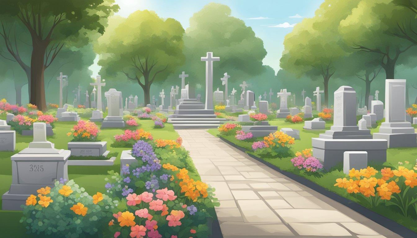 A serene cemetery with well-tended grave plots, each marked with a number, surrounded by flowers and greenery