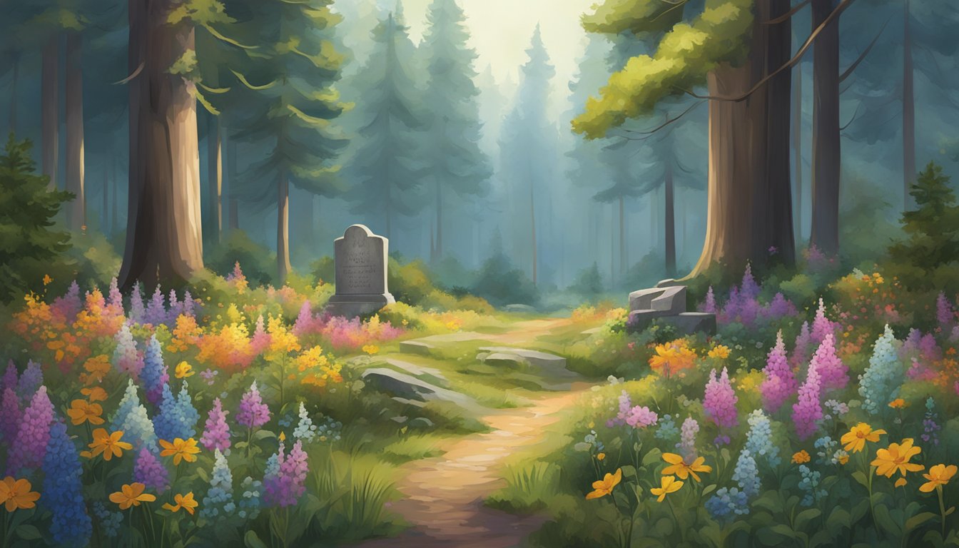 A peaceful forest clearing with a unique grave marker, surrounded by vibrant wildflowers and tall trees