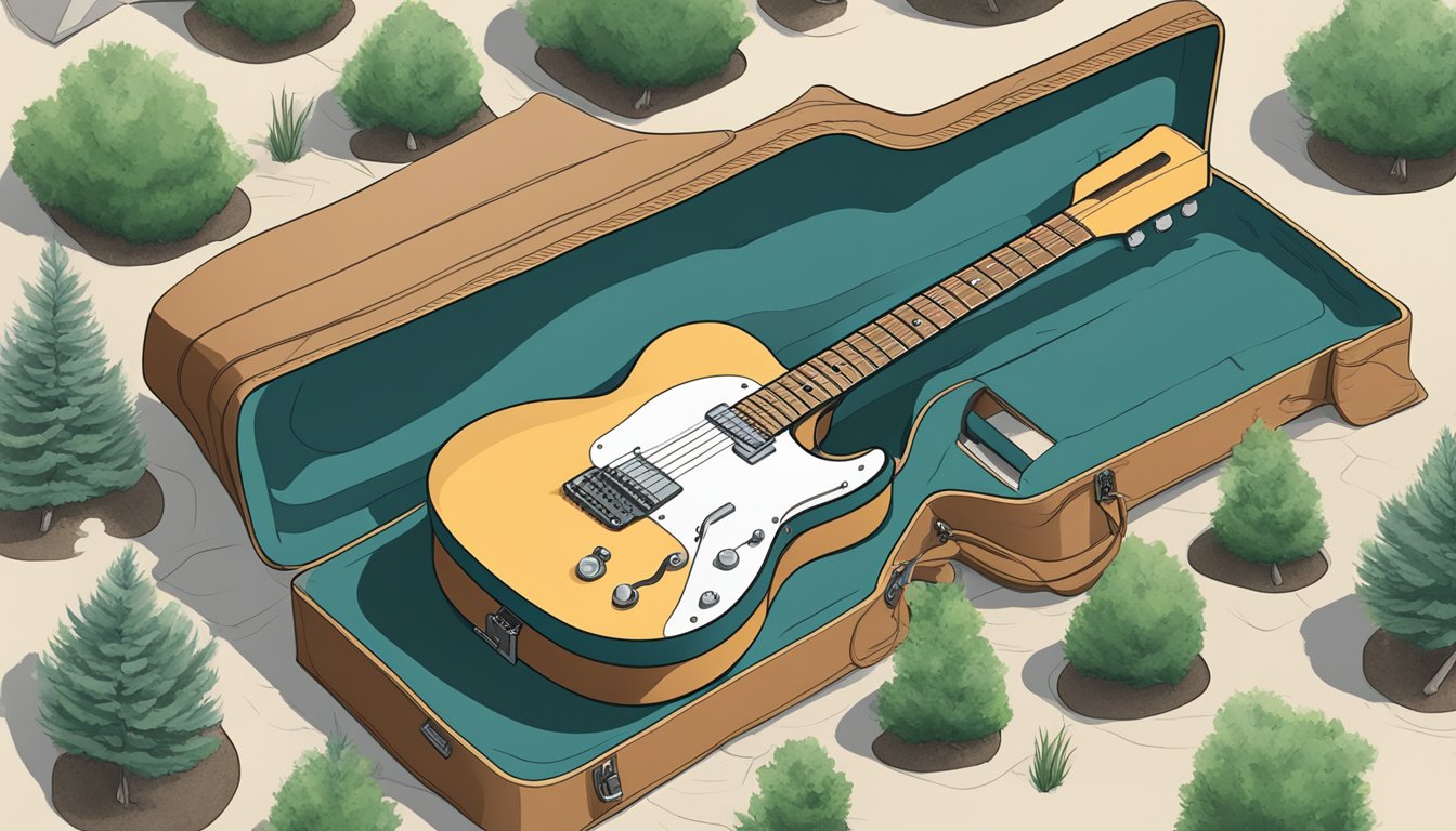 A guitar resting on a peaceful burial plot, surrounded by acoustic chords and techniques