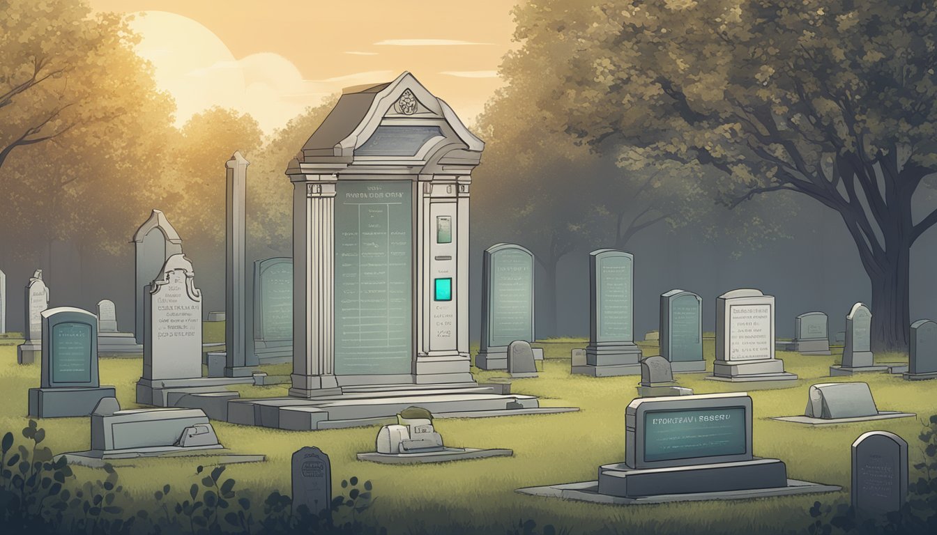 A desolate cemetery plot with a digital interface displaying the words "Privacy and Digital Records" along with a grave number