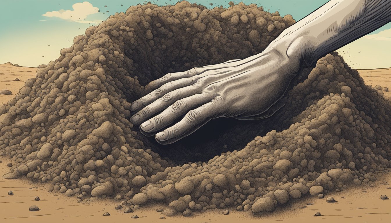 A mysterious hand emerges from a pile of dirt, revealing a hidden plot twist